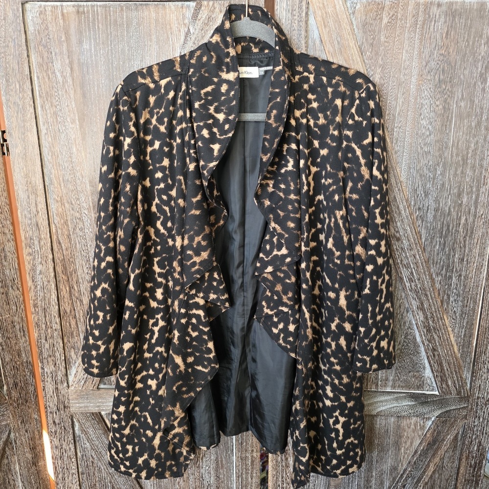 Calvin Klein Jacket Women's Size 14 Black Tan Animal Print Open Front 3/4 Sleeve